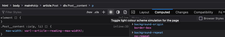 A clipped screenshot of the Firefox developer tools. The light/dark mode toggle is highlighted. There is a tooltip that says, 'Toggle light colour scheme simulation for the page'.
